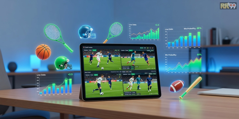 Khái niệm 360 độ thể thao rr99 được minh họa qua giao diện hiện đại và các trận đấu sống động