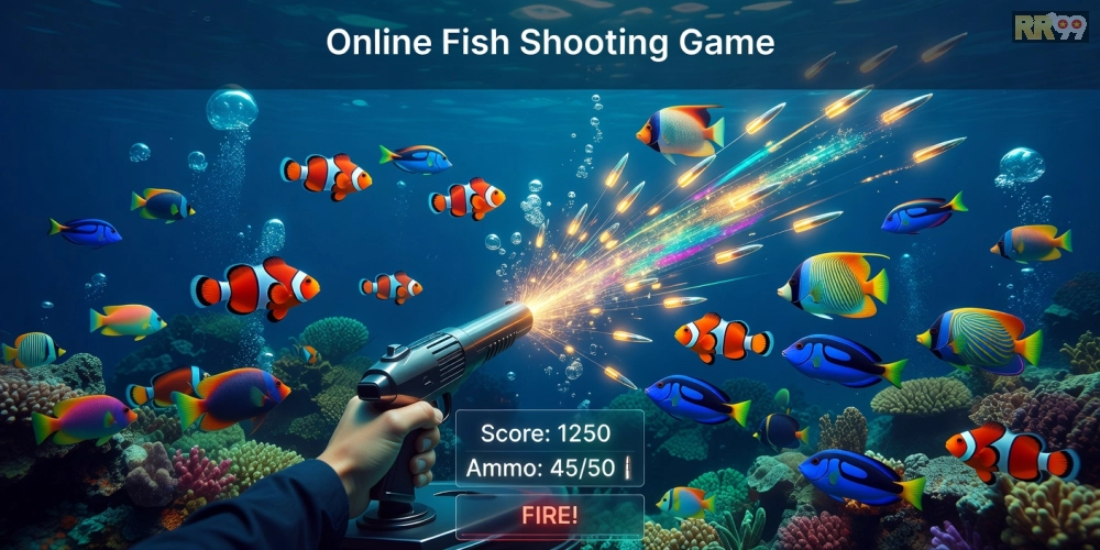 Minh họa giao diện trò chơi bắn cá online rr99 với cá đa dạng và hiệu ứng sống động