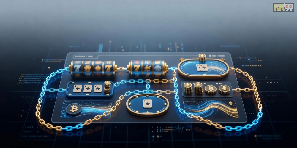 Hình minh họa giao diện crypto casino rr99 với các trò chơi hấp dẫn và biểu tượng tiền điện tử.