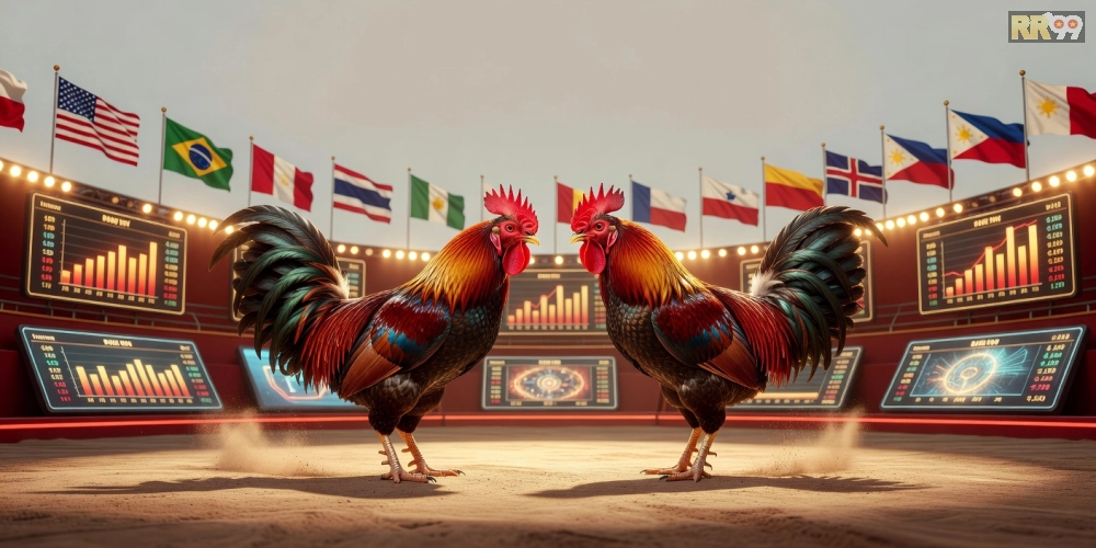 Hình minh họa khái niệm đá gà quốc tế RR99 với trường đấu hiện đại.