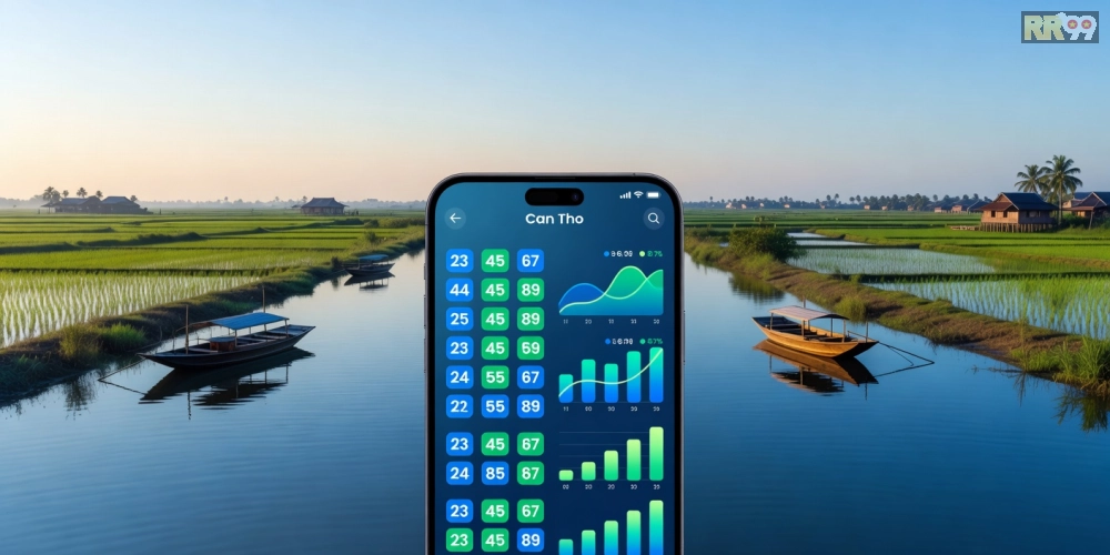 Minh họa giao diện xổ số cần thơ rr99 với các con số may mắn và biểu đồ dự đoán