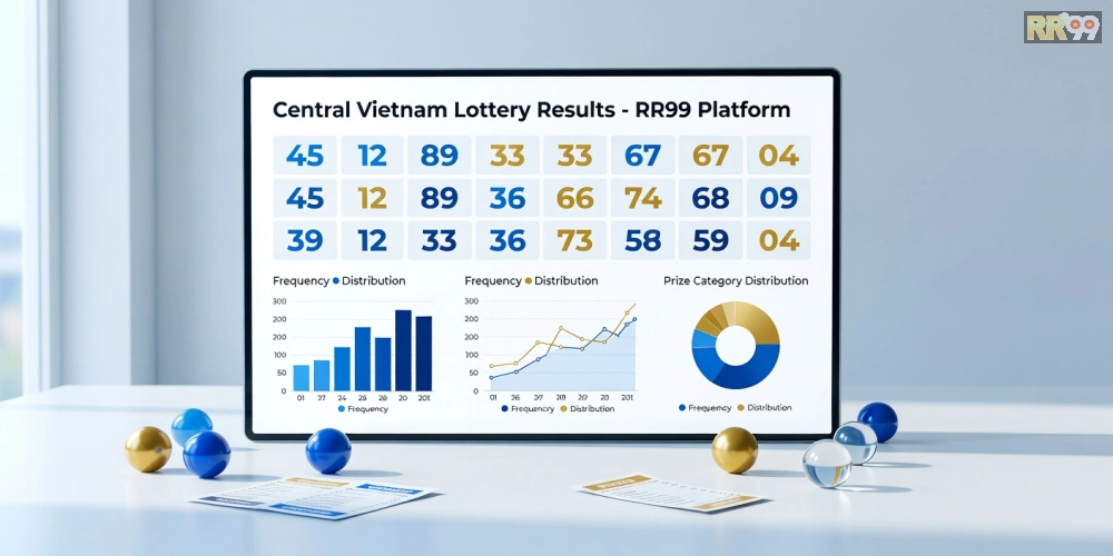 Caption: Bảng kết quả xổ số miền trung hôm nay trên RR99 với các con số nổi bật và biểu đồ thống kê