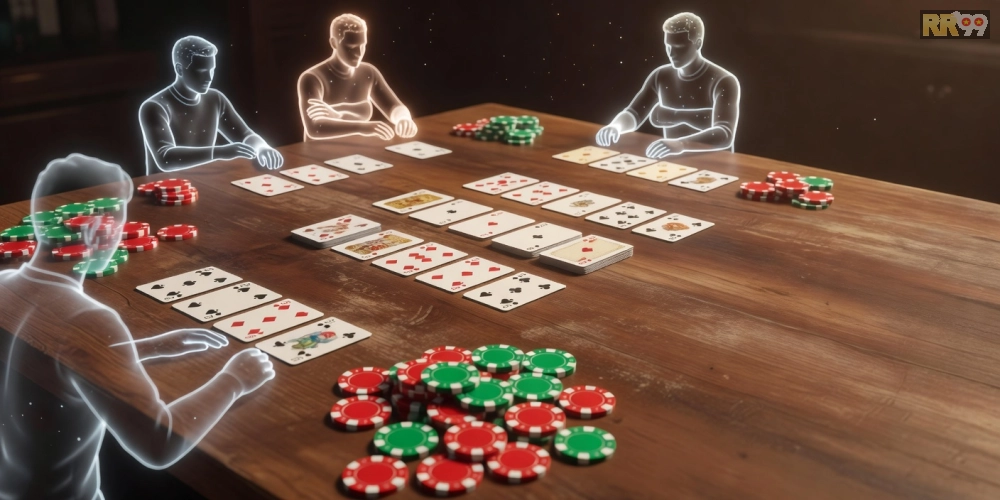 Minh họa giao diện game Phỏm sống động trên nền tảng RR99 với các lá bài sắp xếp chiến lược