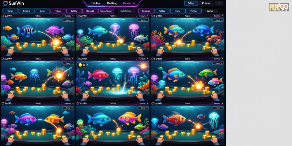 Hình ảnh nền tảng SunWin với các trò bắn cá online rr99 hấp dẫn và người chơi đang tham gia